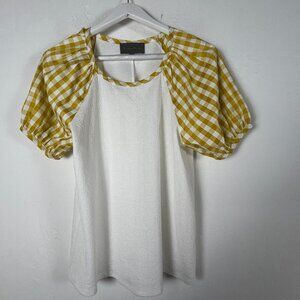 Sunday In Brooklyn Womens Gingham Puff Sleeve Textured White Blouse XL Stretch